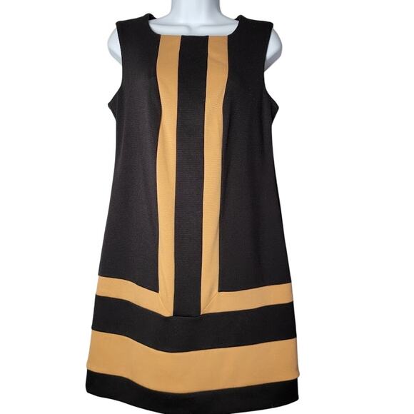 Allen B Black Gold Stripe Shift Dress SM Retro Mod Cocktail Old Money Holidays - Picture 1 of 8